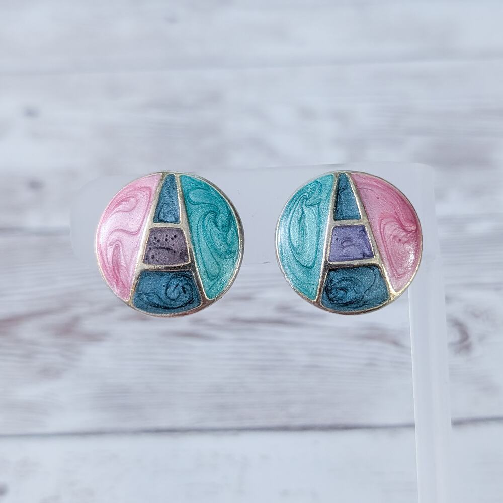 Vintage Clip On Earrings Pastel Tones Pink/Mauve/Green Geometric 7/8"
